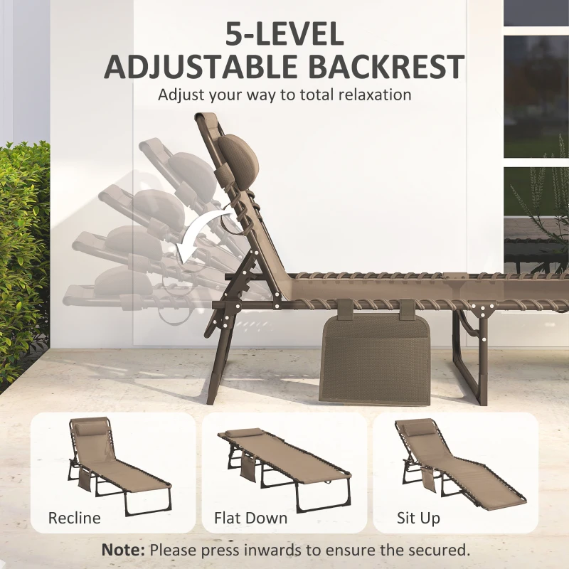Outsunny Folding Chaise Lounge Chair Outdoor, Sun Tanning Chair with Side Pocket, Carrying Strap, Portable Patio Beach Lounger with 5-Position Reclining Back, Headrest for Pool, Camping, Yard, Brown