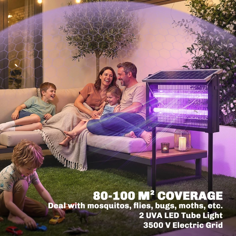 Outsunny Solar Bug Zapper Outdoor, 3500 V Electric Mosquito Fly Zapper with 14 ft Cord, Dusk-to-Dawn Control, Black