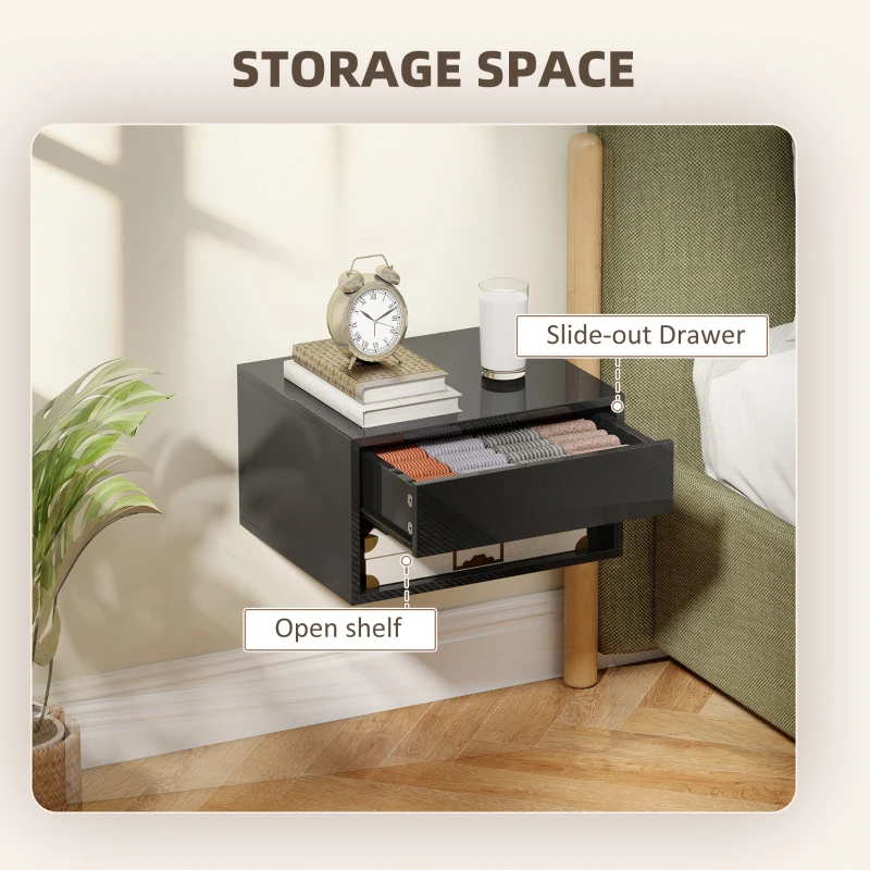 HOMCOM Floating Bedside Tables Set of 2, Wall-Mounted Nightstand, High Gloss Black