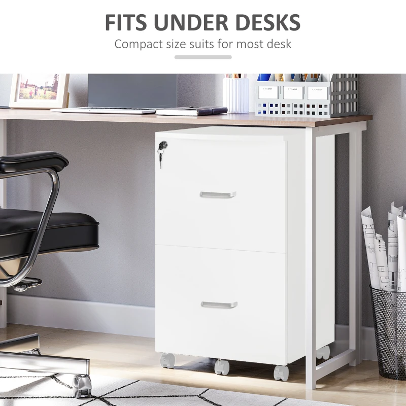 Vinsetto 2 Drawer File Cabinet with Lock, Small Rolling Filing Cabinet for A4, Letter-Size Documents, Printer Stand for Home Office, 17" x 17.75" x 28.25", White