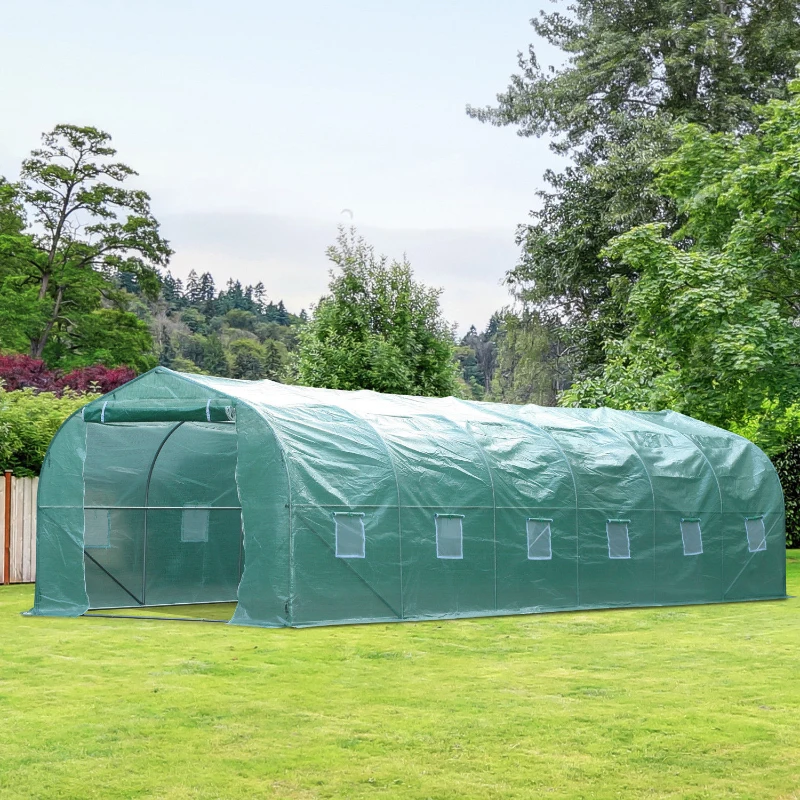 Outsunny 26' x 10' x 7' Walk-In Greenhouse Tunnel, Large Gardening Plant Hot House with 12 Windows and Zipper Doors for Backyard, Green