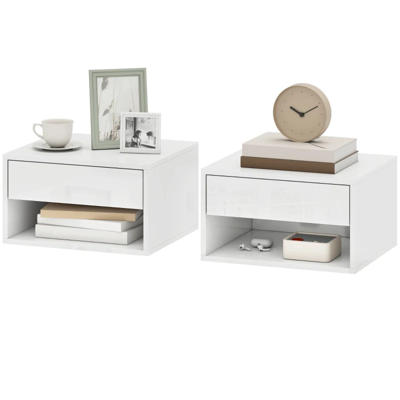 HOMCOM Floating Bedside Tables Set of 2, Wall-Mounted Nightstand, High Gloss White