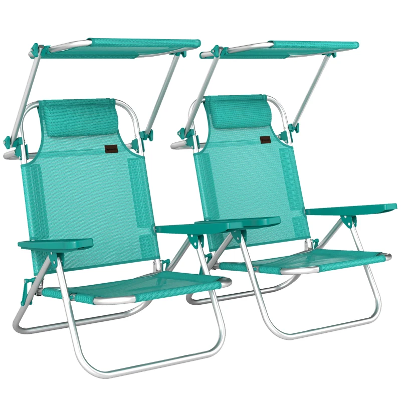 Outsunny 2 Piece Folding Beach Chairs with Adjustable Canopy, 6-Position Reclining Lounge Chair with Headrest, Turquoise