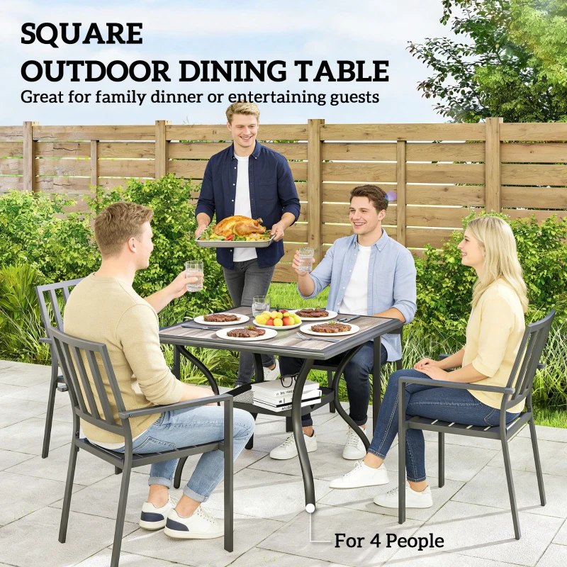 Outsunny Outdoor Dining Table for 4, Square Patio Table with Umbrella Hole, Shelf, Faux Wood Top for Garden, Backyard, Grey