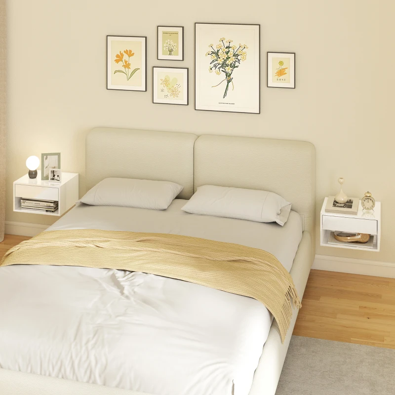 HOMCOM Floating Bedside Tables Set of 2, Wall-Mounted Nightstand, High Gloss White