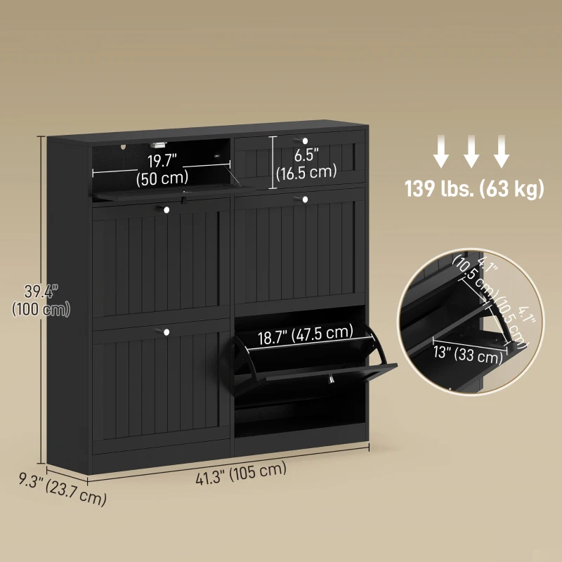 HOMCOM Shoe Cabinet with 2 Large Flip Drawers, Farmhouse Narrow Shoe Storage Cabinet with 2 Top Compartments, Black