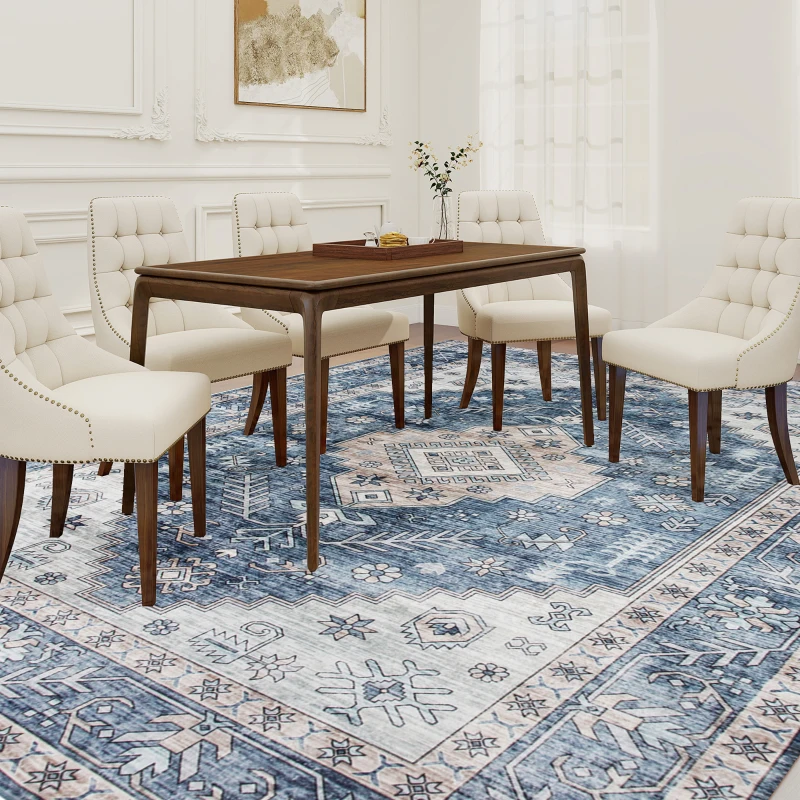 HOMCOM 8x10 Area Rug, Vintage Machine Washable Rug, Non-Slip Floor Carpet for Living Room, Bedroom, Dining Room, Blue