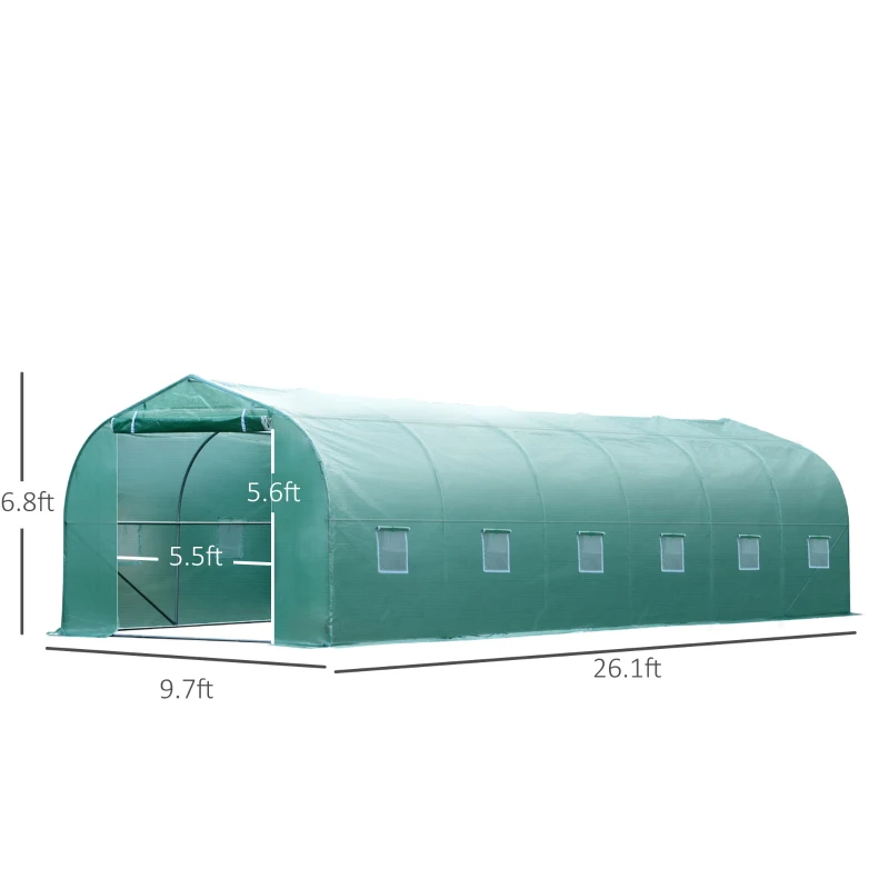 Outsunny 26' x 10' x 7' Walk-In Greenhouse Tunnel, Large Gardening Plant Hot House with 12 Windows and Zipper Doors for Backyard, Green