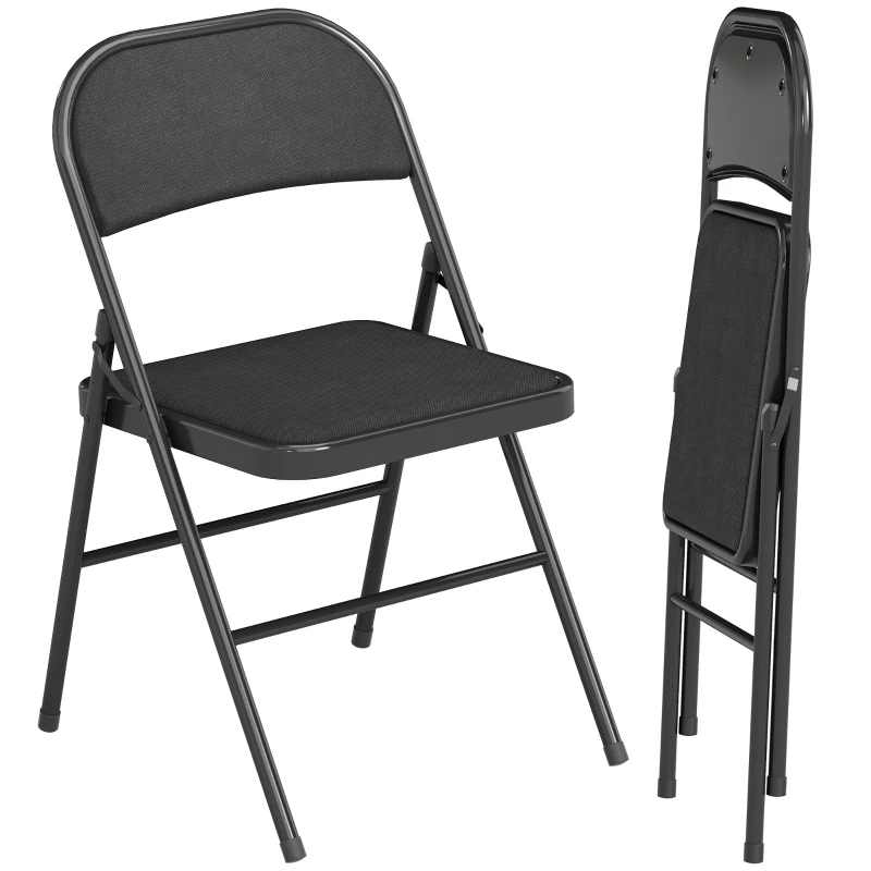 HOMCOM Set of 2 Metal Foldable Chairs, Linen Fabric Padded Folding Chairs with Cushion Seat and Open Back for Indoor, Black