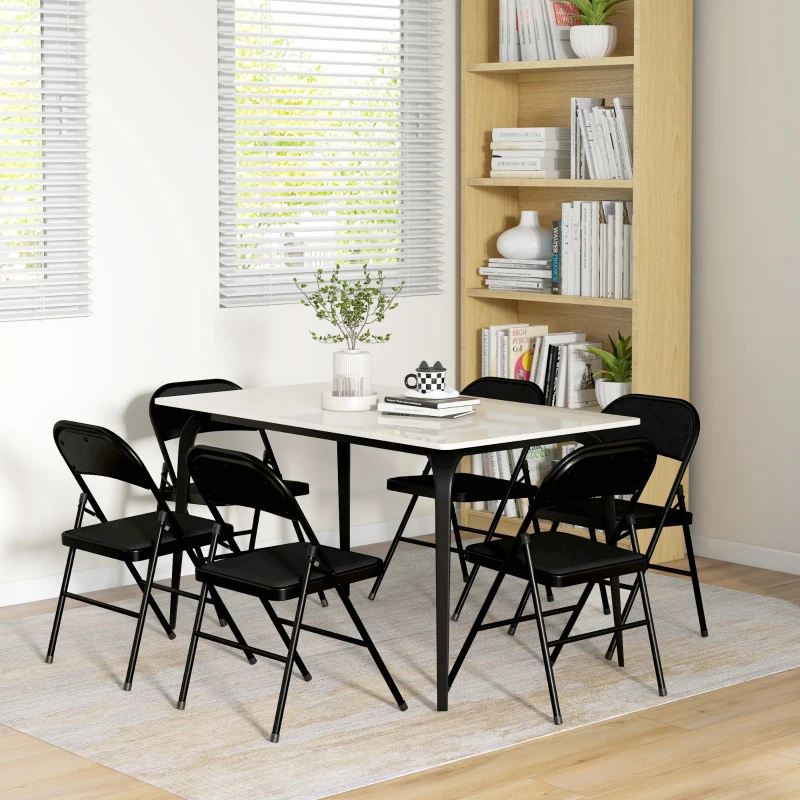 HOMCOM Set of 6 Metal Foldable Chairs, Faux Linen Padded Folding Chairs with Cushion Seat and Open Back for Indoor, Black