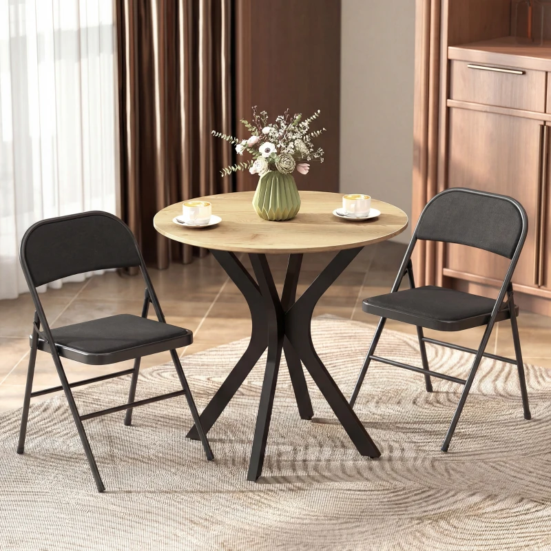 HOMCOM Set of 2 Metal Foldable Chairs, Linen Fabric Padded Folding Chairs with Cushion Seat and Open Back for Indoor, Black