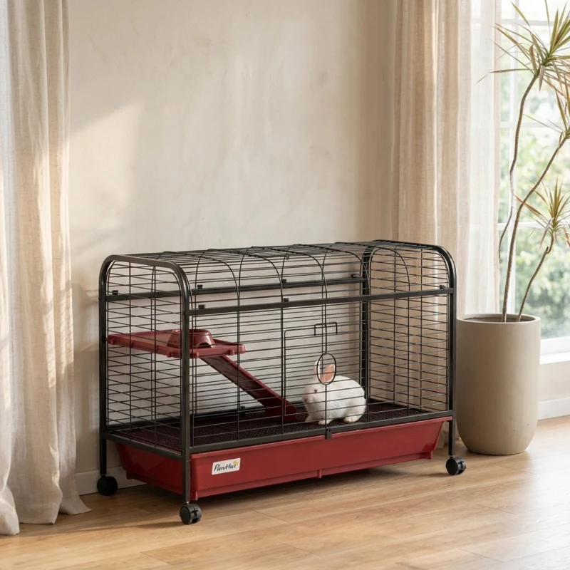 PawHut 41"L Small Animal Cage, Pet Play House for Rabbit Hutch Ferret with Feeder, Rolling Wheels, Platform, Ramp