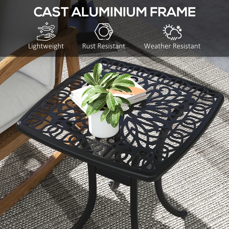 Outsunny 21" Square Outdoor End Table, Cast Aluminum Patio Side Table with Umbrella Hole for Garden, Balcony, Poolside, Black