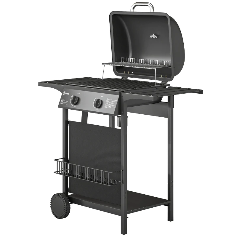 Outsunny 2-Burner Propane Gas Grill, 18000 BTU BBQ Grill with Wheels, Warming Rack, Shelf, Thermometer, Grease Cup, Black