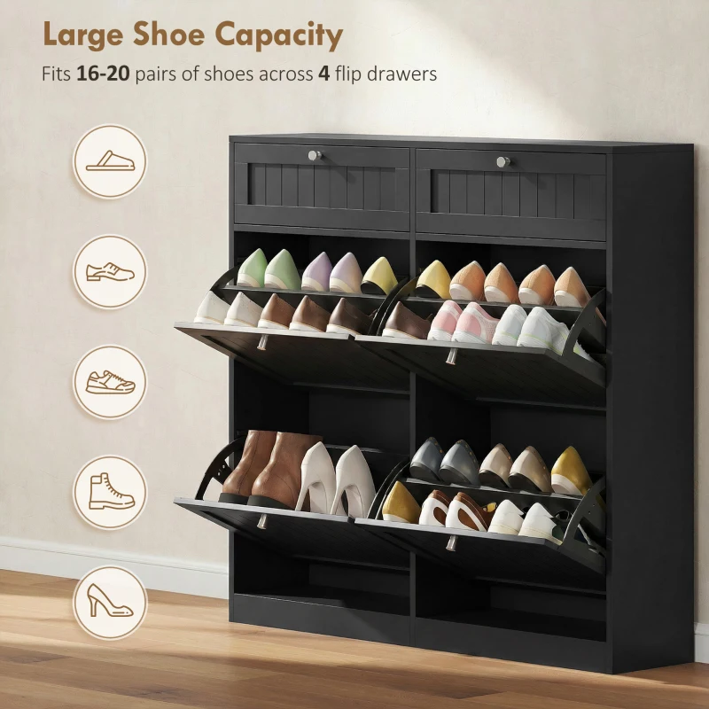 HOMCOM Shoe Cabinet with 2 Large Flip Drawers, Farmhouse Narrow Shoe Storage Cabinet with 2 Top Compartments, Black