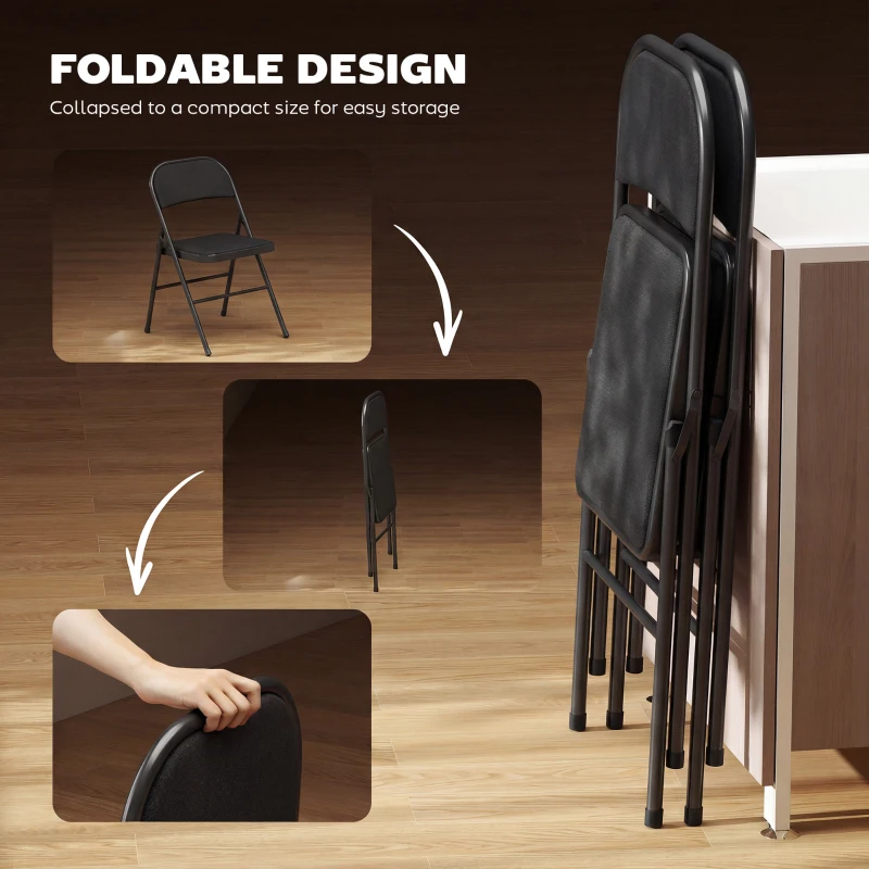 HOMCOM Set of 2 Metal Foldable Chairs, Linen Fabric Padded Folding Chairs with Cushion Seat and Open Back for Indoor, Black