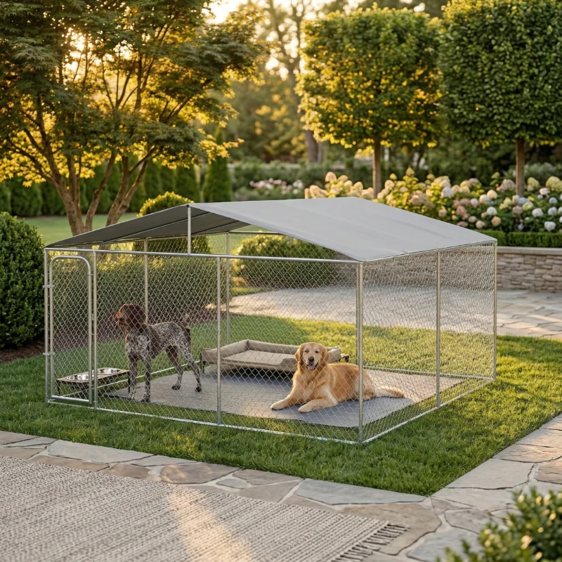 PawHut Dog Kennel Outdoor Dog Run w/ Canopy, 13' x 13' x 7.5'