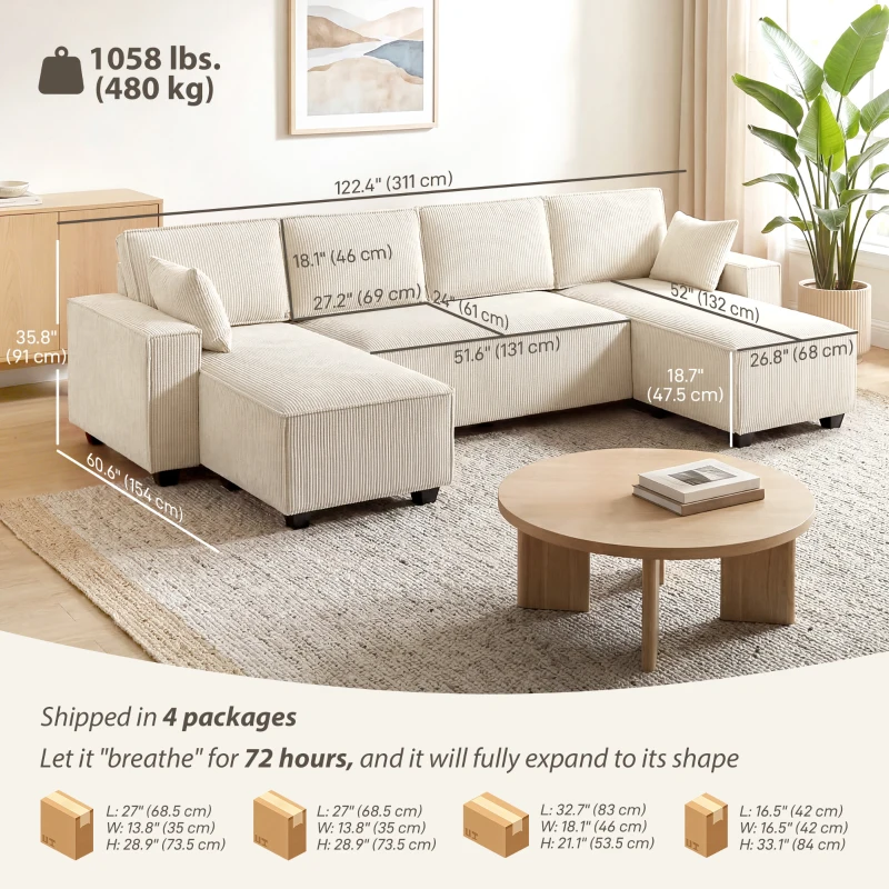 HOMCOM Modular U Shaped Couch, Sectional Sofa with Double Chaises and Spring Cushions, Beige