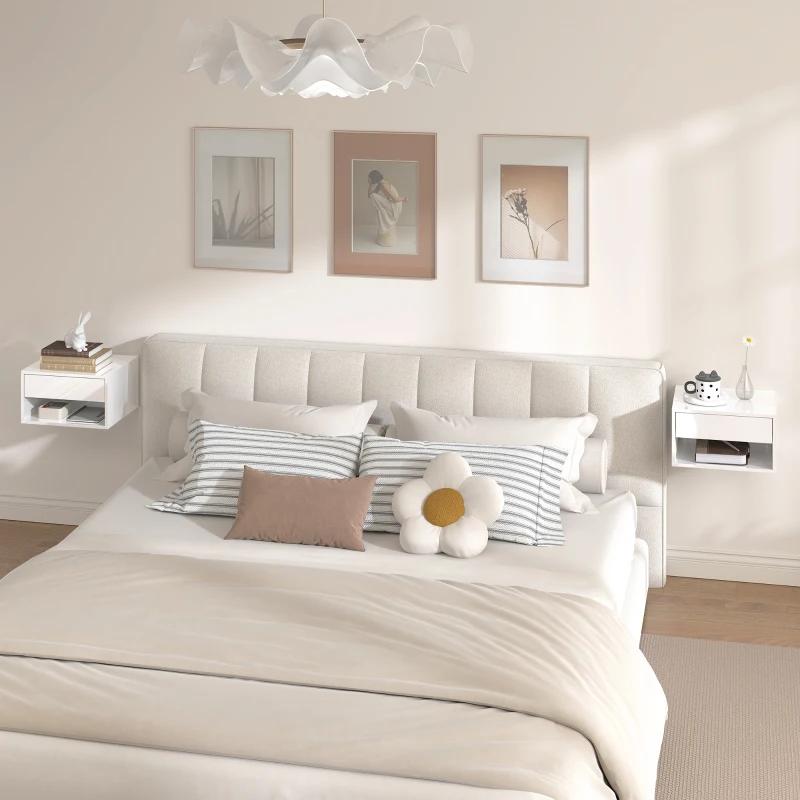 HOMCOM Floating Bedside Tables Set of 2, Wall-Mounted Nightstand, High Gloss White