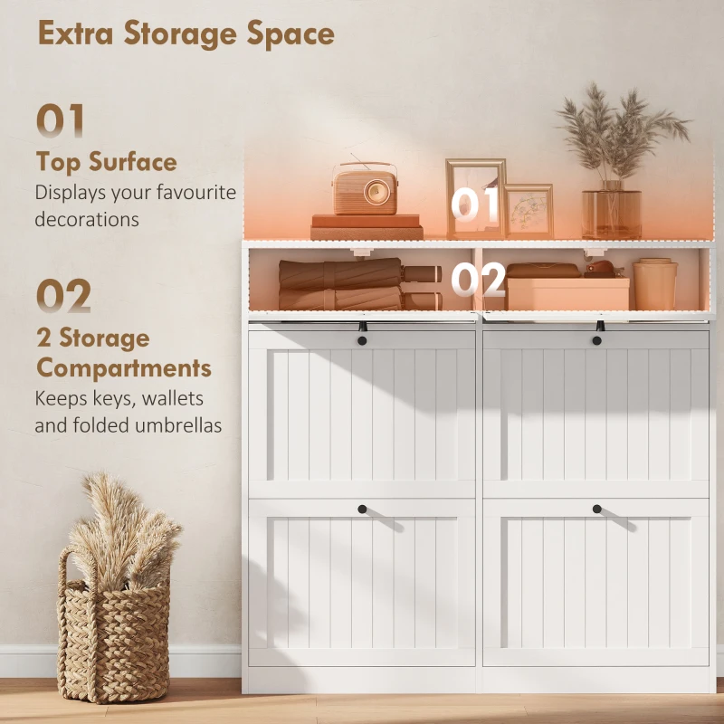 HOMCOM Shoe Cabinet with 2 Large Flip Drawers, Farmhouse Narrow Shoe Storage Cabinet with 2 Top Compartments, White