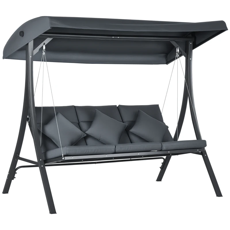 Outsunny 3-Person Patio Swing Chair, Outdoor Porch Swing Bench with Adjustable Canopy, Cushioned Seat, Dark Grey