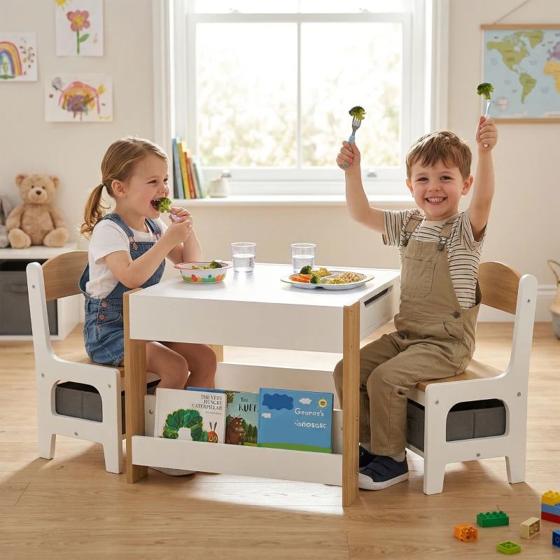 Qaba 3pc Kids Table and Chair Set with Reversible Tabletop Blackboard, Storage & Bookshelves, Natural