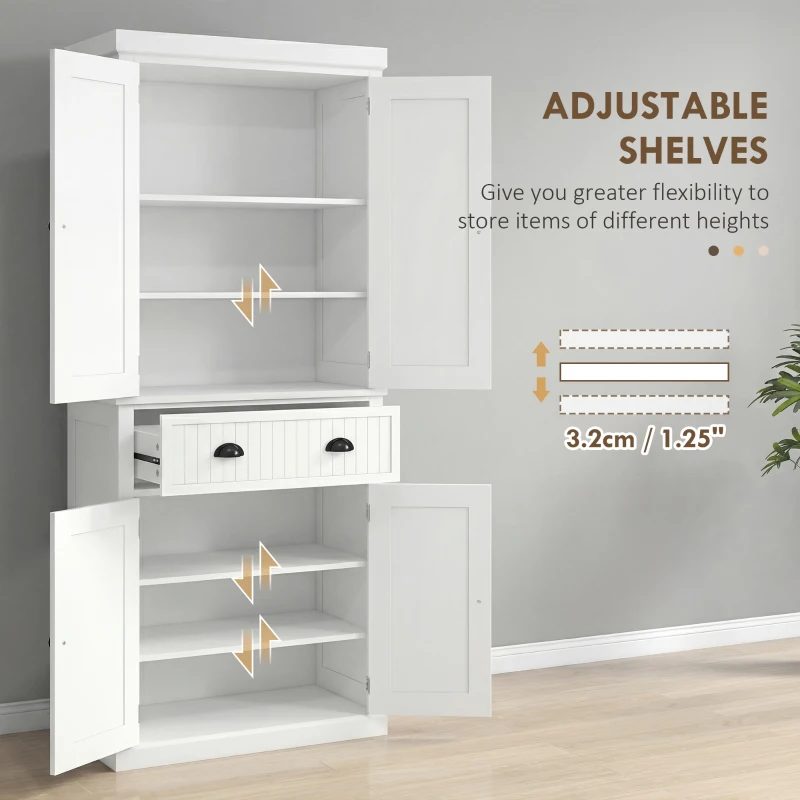 HOMCOM 72" Kitchen Pantry Storage Cabinet, Cupboard w/ 4 Doors and 3 Adjustable Shelves, Large Central Drawer, Cream White