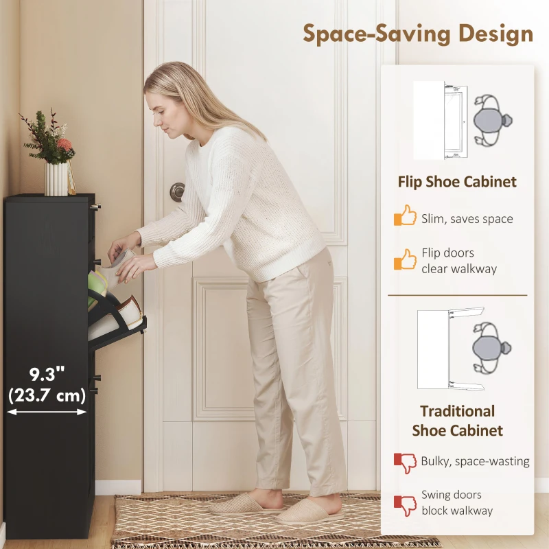 HOMCOM Shoe Cabinet with 2 Large Flip Drawers, Farmhouse Narrow Shoe Storage Cabinet with 2 Top Compartments, Black