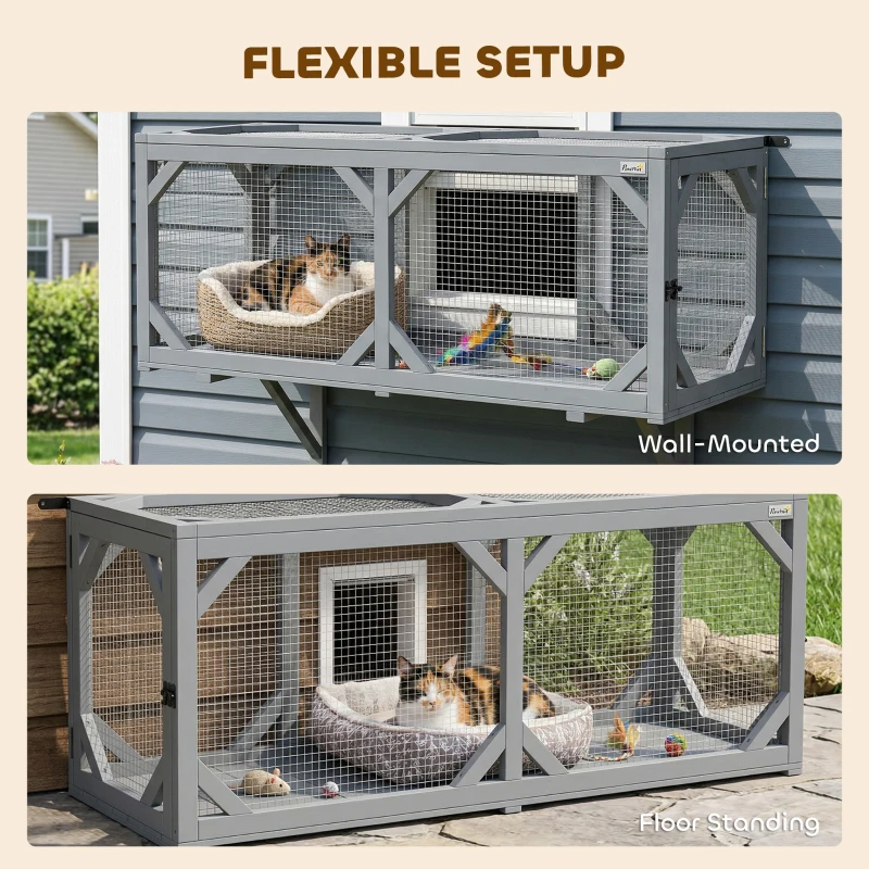 PawHut Cat Tunnel, Wooden Catio Outdoor Cat Enclosure with 2 Doors and Extendable Design, Wall-Mounted Pet Run
