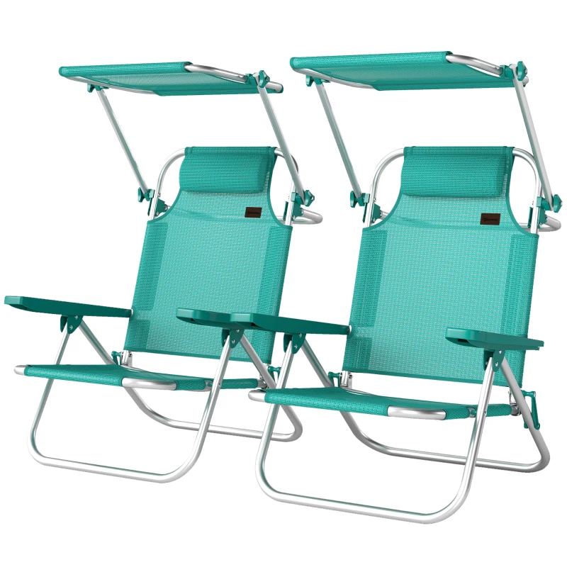 Outsunny 2 Piece Folding Beach Chairs with Adjustable Canopy, 6-Position Reclining Lounge Chair with Headrest, Turquoise