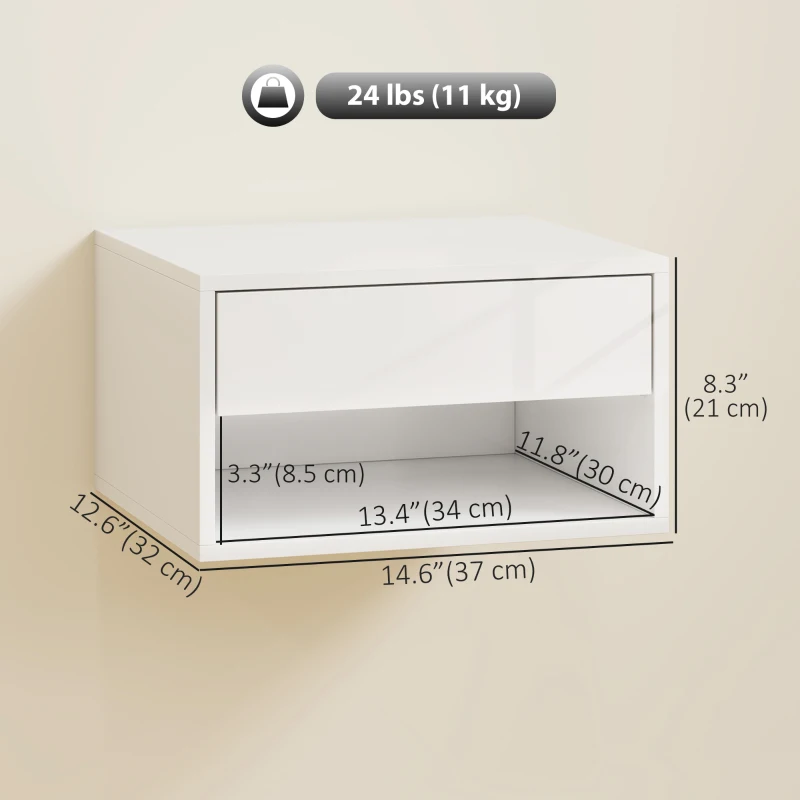 HOMCOM Floating Bedside Tables Set of 2, Wall-Mounted Nightstand, High Gloss White