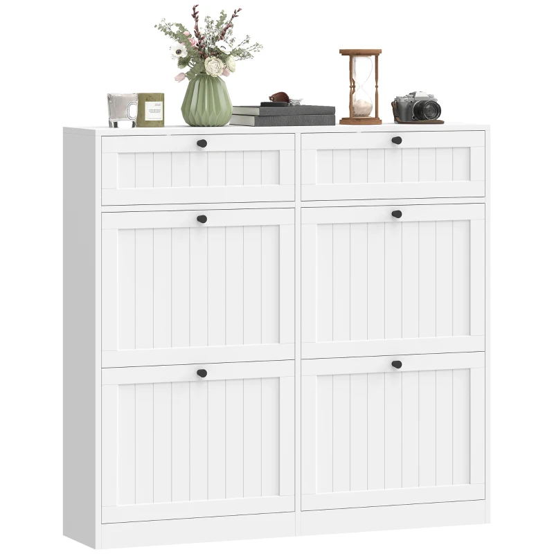 HOMCOM Shoe Cabinet with 2 Large Flip Drawers, Farmhouse Narrow Shoe Storage Cabinet with 2 Top Compartments, White