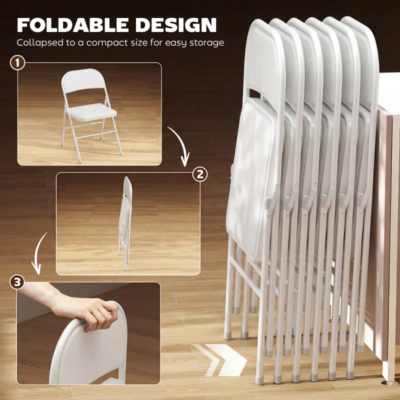 HOMCOM Set of 6 Metal Foldable Chairs, PU Leather Padded Folding Chairs with Cushion Seat and Open Back for Indoor, White