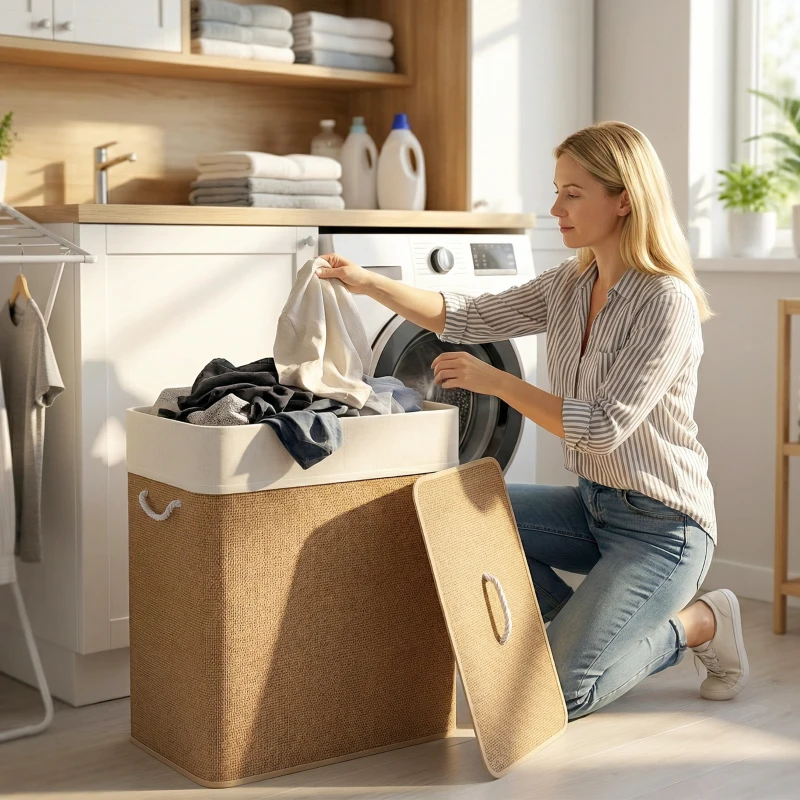 HOMCOM Double Laundry Basket with Lid, 26.4 Gallon Bamboo Laundry Hamper with Rope Handles and Removable Liner, Brown