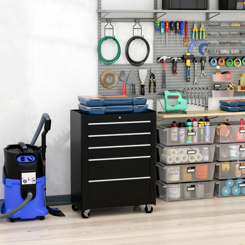 HOMCOM 5-Drawer Rolling Tool Cabinet on Wheels, Lockable Tool Chest, Tool Organizer for Garage, Factory and Workshop, Black