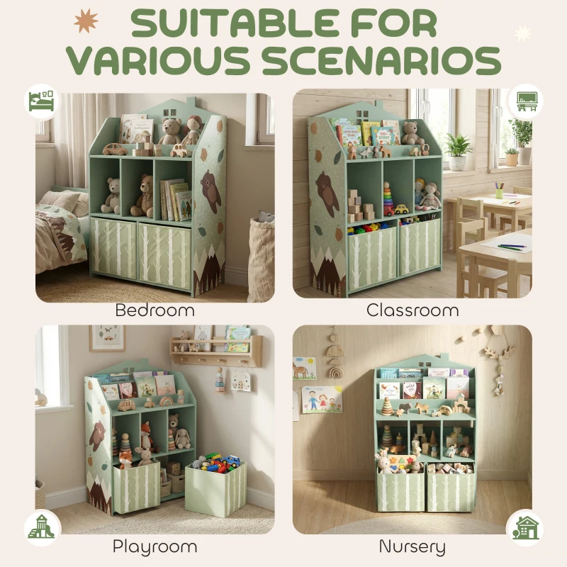 Qaba Kids Bookshelf with Storage, Toy Storage Unit with Book Display, Shelves and Fabric Drawers for Playroom Nursery, Green