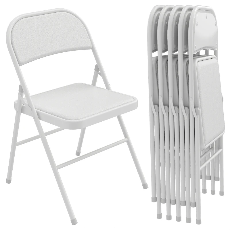 HOMCOM Set of 6 Metal Foldable Chairs, PU Leather Padded Folding Chairs with Cushion Seat and Open Back for Indoor, White
