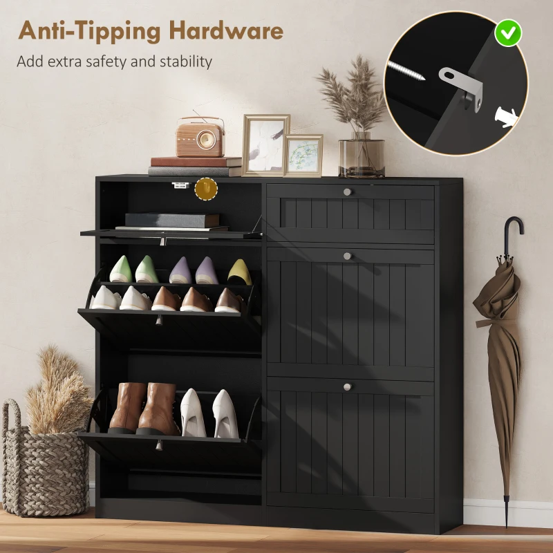 HOMCOM Shoe Cabinet with 2 Large Flip Drawers, Farmhouse Narrow Shoe Storage Cabinet with 2 Top Compartments, Black