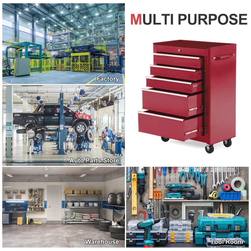 HOMCOM 5-Drawer Rolling Tool Cabinet on Wheels, Lockable Tool Chest, Tool Organizer for Garage, Factory and Workshop, Red