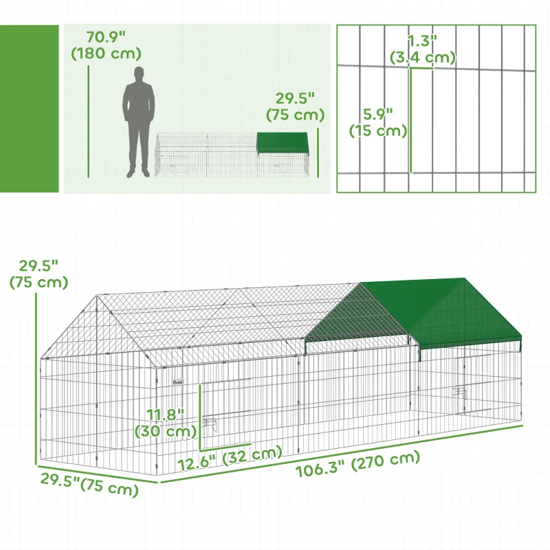 PawHut Metal Chicken Coop with UV-Resistant Cover for Rabbits, Ducks, Turtles, Guinea Pigs, 106" x 29.5" x 29.5", Green