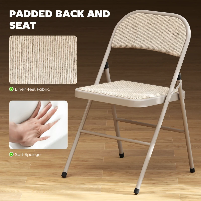 HOMCOM Set of 2 Metal Foldable Chairs, Faux Linen Padded Folding Chairs with Cushion Seat and Open Back for Indoor, Beige