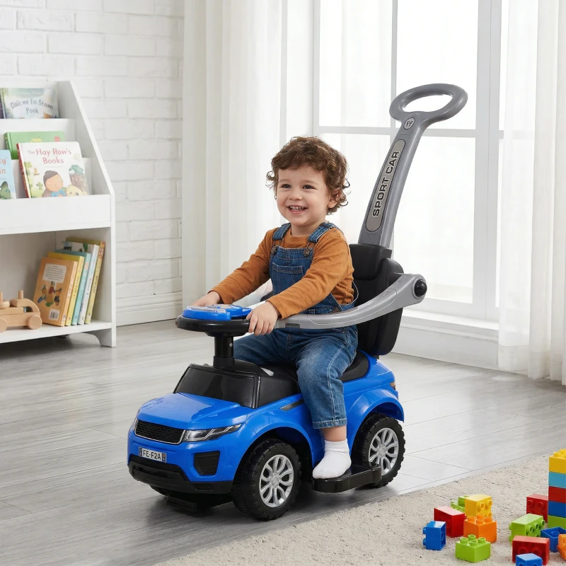 Aosom 3 in 1 Kid Ride on Push Car Sliding Car, Ride on Toy for Boy Girl Toddlers 18-36 Months, with Horn Music Light Function Secure Bar, Blue