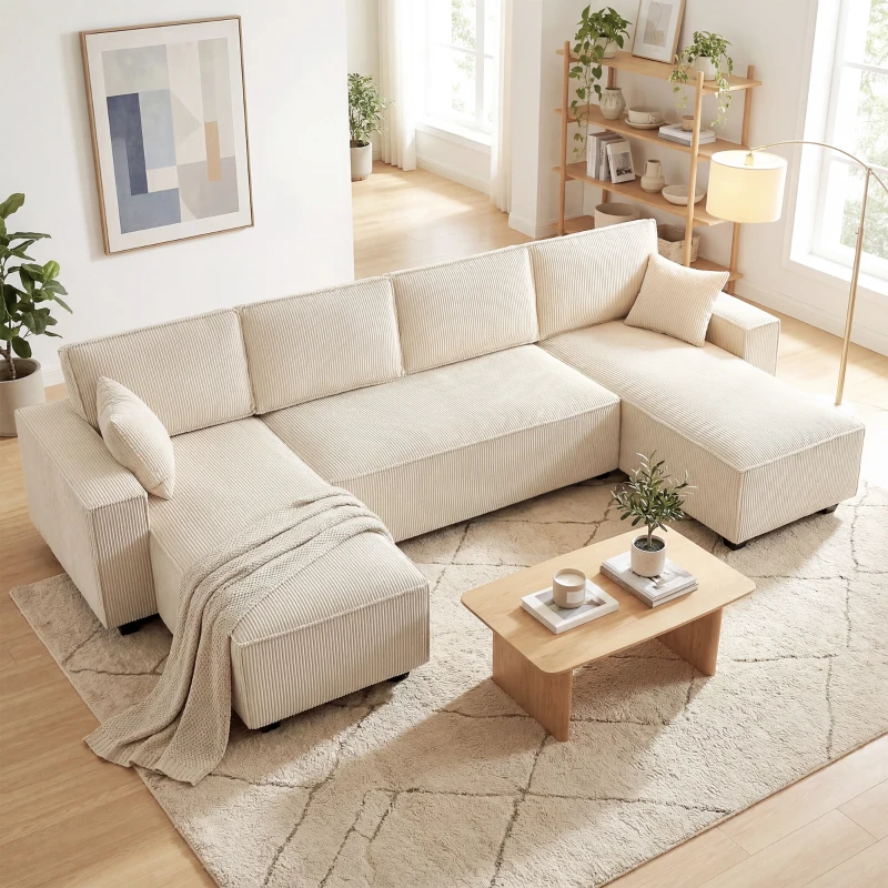 HOMCOM Modular U Shaped Couch, Sectional Sofa with Double Chaises and Spring Cushions, Beige
