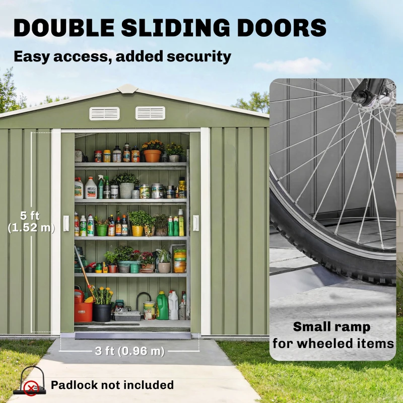 Outsunny 9' x 6' Outdoor Storage Shed, Garden Tool Metal Shed with Foundation Kit, Double Lockable Door, Air Vents and Sloping Roof, for Backyard, Patio, Lawn, Green