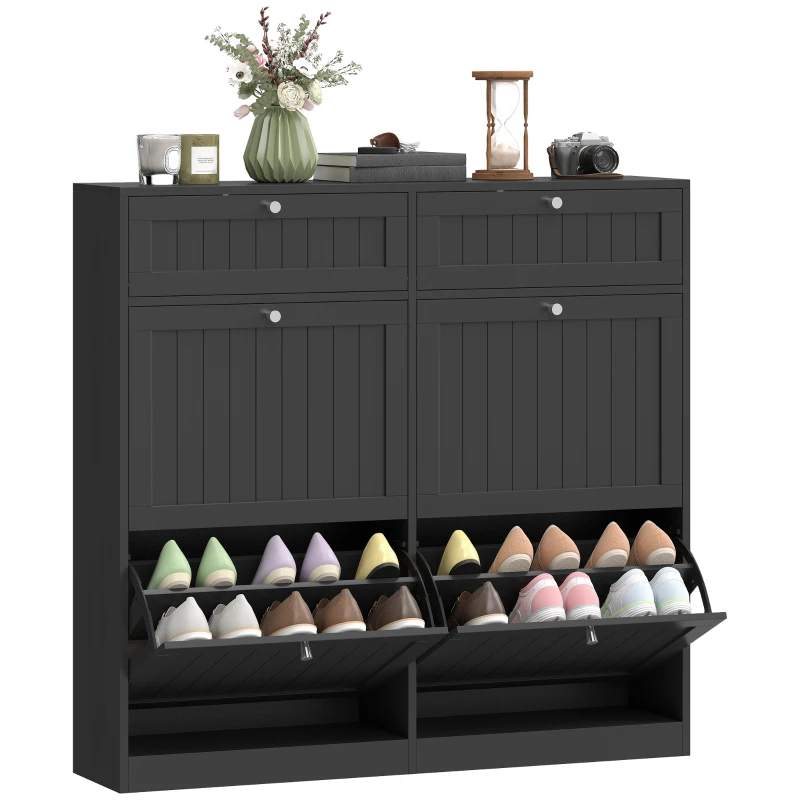 HOMCOM Shoe Cabinet with 2 Large Flip Drawers, Farmhouse Narrow Shoe Storage Cabinet with 2 Top Compartments, Black