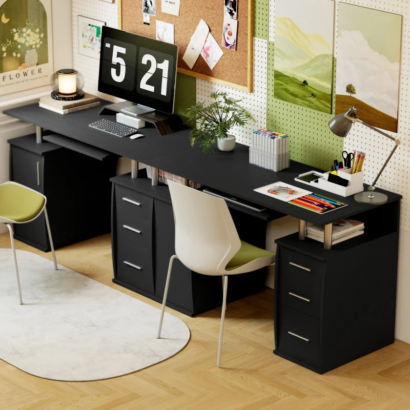 HOMCOM 47" Computer Desk with Keyboard Tray and Storage Drawers, Home Office Workstation Table with Storage Shelves, Black