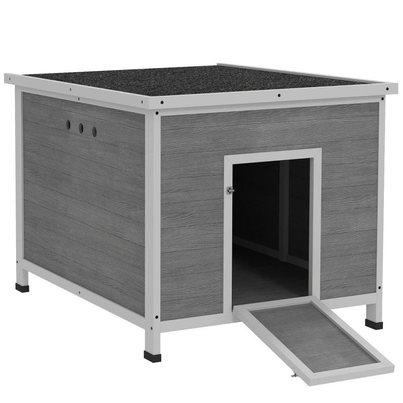 PawHut Duck Coop, Wooden Chicken House Rabbit Hutch with Openable Roof, Removable Floor, Double Doors, Ramp, Grey