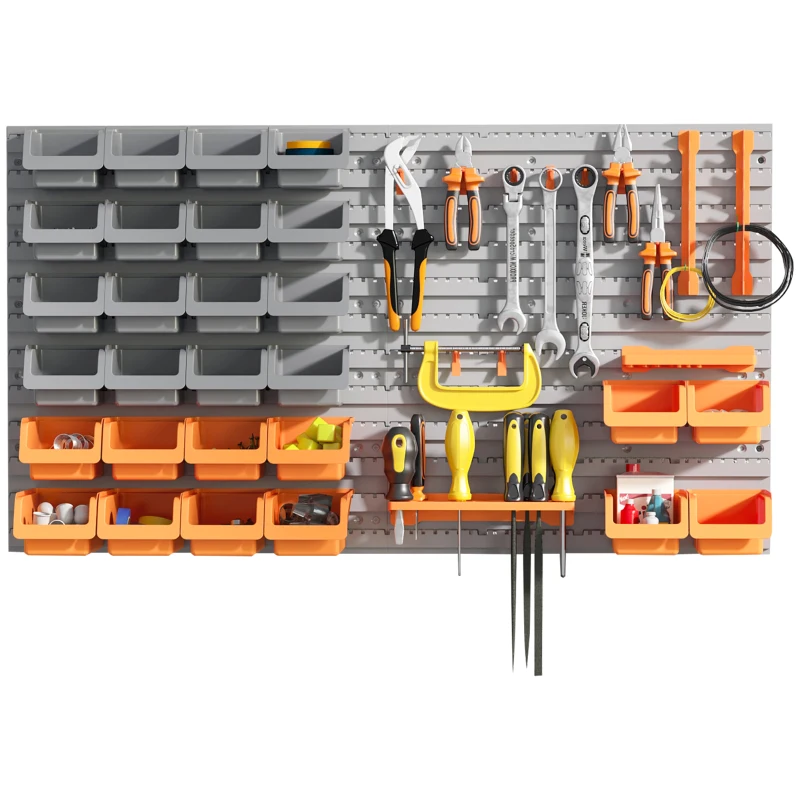DURHAND 44 PCS Wall Mounted Pegboard Tool Organizer Rack Kit with Various Sized Storage Bins, Pegboard and Hooks, Orange