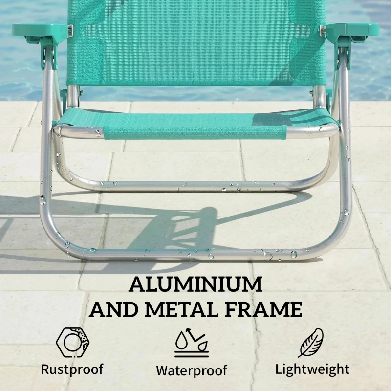 Outsunny 2 Piece Folding Beach Chairs with Adjustable Canopy, 6-Position Reclining Lounge Chair with Headrest, Turquoise