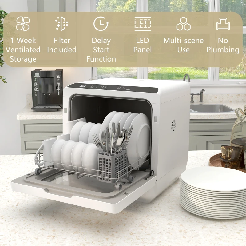 HOMCOM Portable Dishwasher, Counter Dishwasher with 4 Place Settings, 5 Washing Programs, Air-Dry Function, 6L Water Tank
